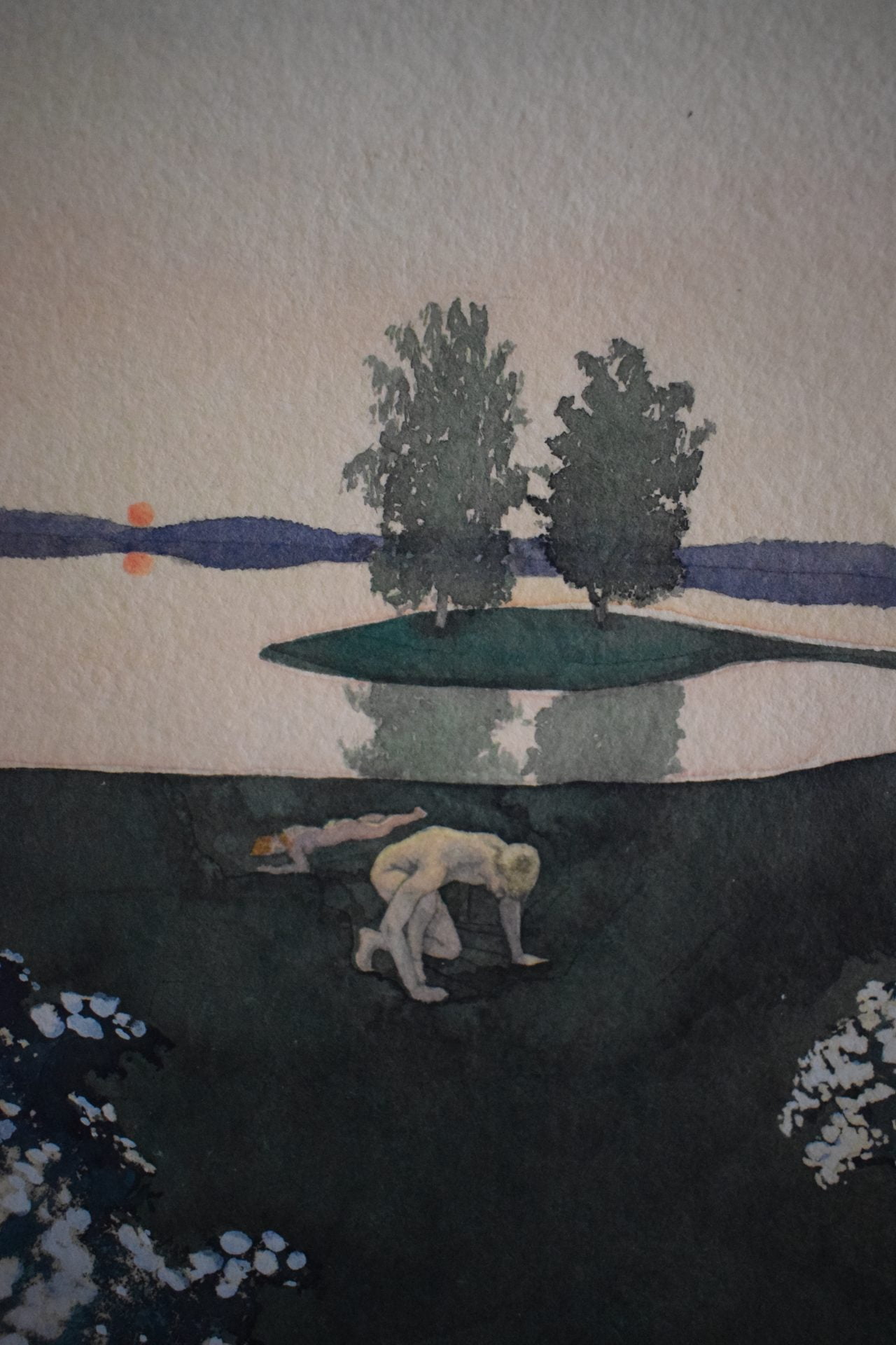 Veera Tammisen vesivärimaalaus. Watercolour painting from Veera Tamminen. Hiipuva kukoistuskausi ja uinuva kansa / The fading prime and slumbering nation
